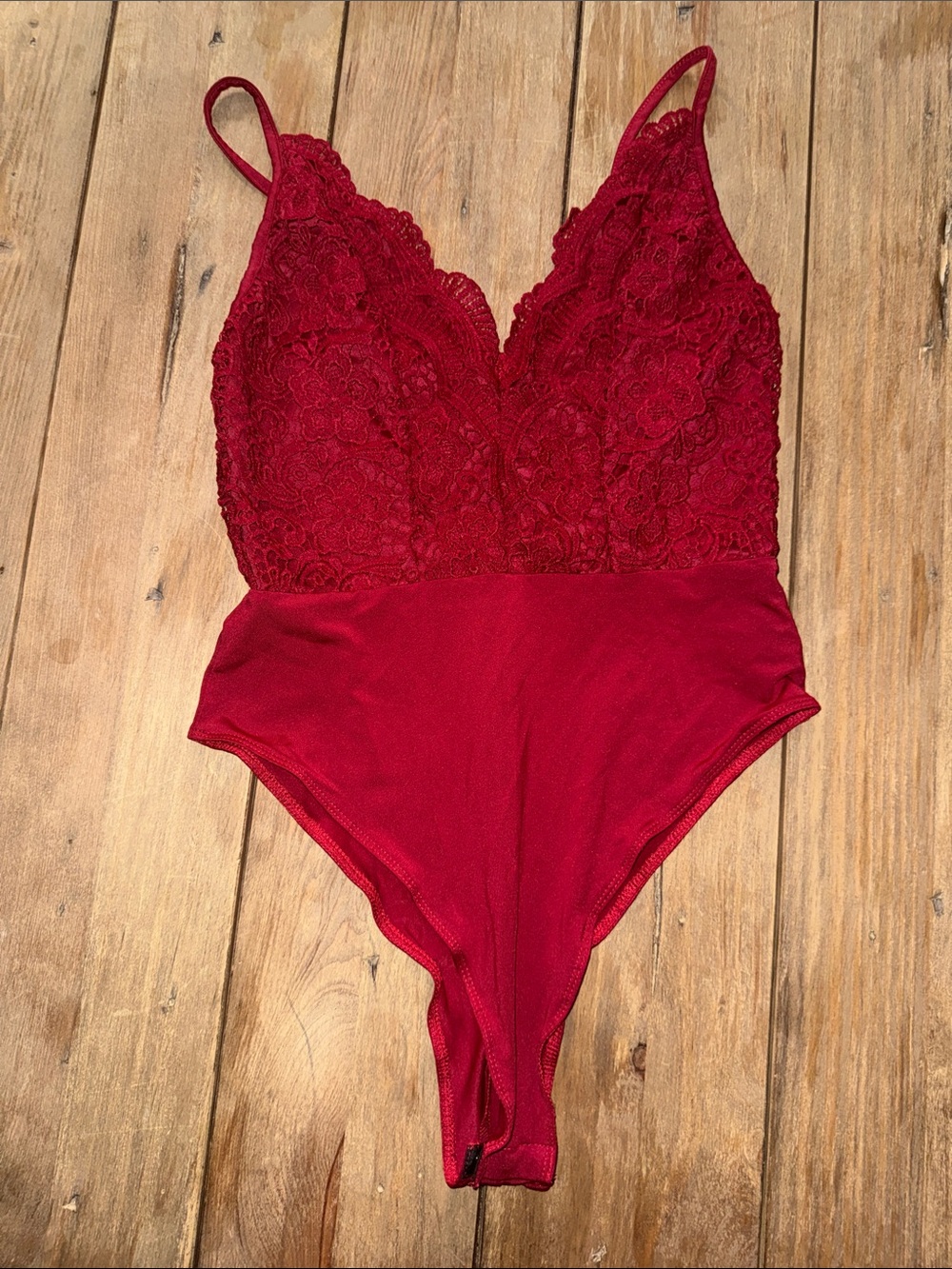 SHEIN Red Lace Plunge Bodysuit